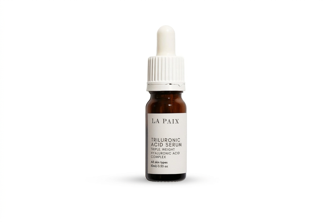 Triluronic Acid bottle scaled to complement the face oil bottles